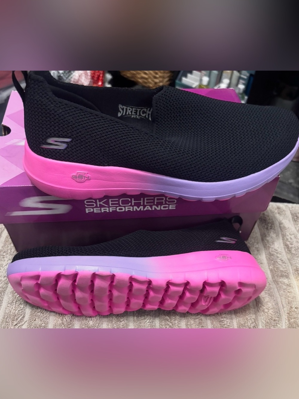 Skechers Women's Black Slip-On Sneakers with Pink and Lavender Gradient Sole - Picture 8 of 10